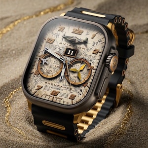 Op de afbeelding: Smartwatch met een luchtvaartthema met een zwarte en gouden band. De wijzerplaat heeft een vintage vliegtuigillustratie, met de tekst "ENDURANCE AUTOMATIC". Het horloge heeft een zwarte rubberen band en goudkleurige metalen accenten.
