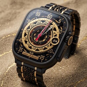May include: A black and gold wristwatch with a rectangular face. The watch features a gold-coloured dial with intricate detailing, including the text "MASSTROSS" and "SWISS MADE". The watch hands are red, and the watch band is black and gold.