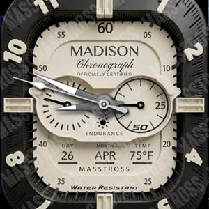 Op de afbeelding: Een zwart en crèmekleurig Madison Chronograph horloge. De wijzerplaat toont de datum als 26 april, met een temperatuur van 24°C. Het horloge is waterbestendig en heeft een subwijzerplaat die het uithoudingsvermogen aangeeft.