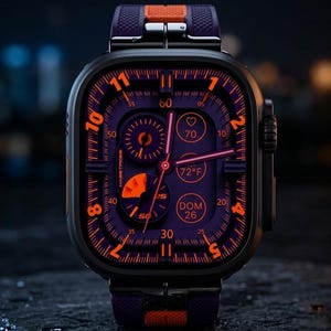 Puede incluir: Un reloj inteligente negro con una esfera y una correa moradas y naranjas. La esfera muestra la hora, la temperatura y la fecha. El reloj tiene números y manecillas naranjas, y la correa es una combinación de morado y naranja.