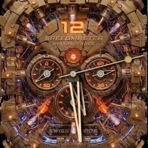 May include: A detailed, steampunk-style watch face with a gold and bronze color scheme. The watch features the text "SREEDMASTER BY MASSTROSS" and "SWISS MADE". The design includes multiple dials, gears, and intricate mechanical details.
