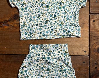 Two Piece Unisex Matching Clothing Set | Baby Bummies and Shirt Collection | Handmade Kids and Toddler Clothes | Blue Floral Print
