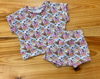 Two Piece Unisex Matching Clothing Set | Baby Bummies and Shirt Collection | Handmade Kids and Toddler Clothes | Rapunzel with Ears Print