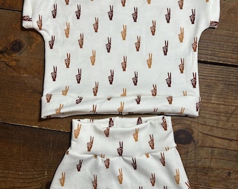 Two Piece Unisex Matching Clothing Set | Baby Bummies and Shirt Collection | Handmade Kids and Toddler Clothes | Diversity Peace Signs Print