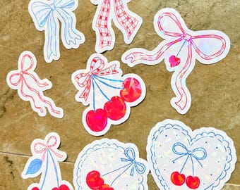 Holographic Cherry Bow Stickers – Waterproof Vinyl Decals for Planners, Laptops