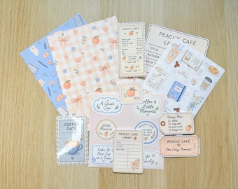 Peachy Cafe Morning Journaling Kit | Hand Drawn Stickers, Papers, Ephemera
