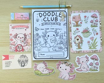 Axolotl Doodle Club Party Favor Pack | Kids Drawing Activity Kit | 5x7 Doodle Pad