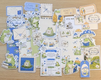 Frog Journaling Kit, Cottagecore Stationery, Pond Stickers, Ephemera, Scrapbooking Paper