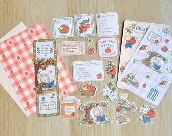 Apple Picking Mouse Journaling Kit | Fall Cottagecore Stationery Supplies (Stickers, Papers, Bookmark)