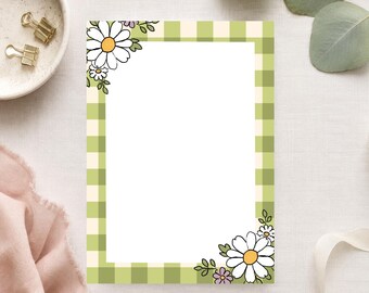 Plaid Green Floral Notepad: 5x7 Hand Drawn Stationery Pad, 30 Pages