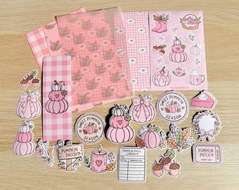 Pink Pumpkin Journaling Kit, Hand-Drawn Fall Stationery, Scrapbook Supplies (Bookmark Included)