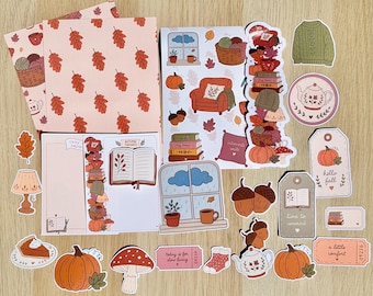Hand Drawn Fall Journaling Kit, Cozy Autumn Stickers, Ephemera, Bookmark