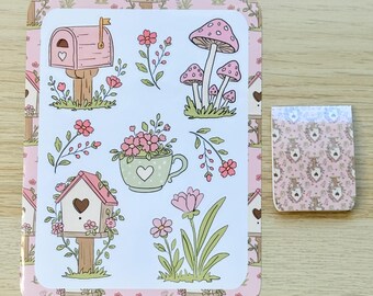 Blush Blooms Axolotl Journaling Kit, Hand-Drawn Stickers, Floral Papers, Holographic Bookmark