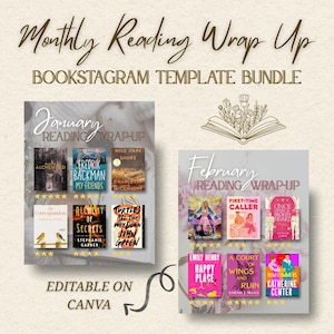 Peut inclure: Un ensemble de modèles Bookstagram avec le texte "Monthly Reading Wrap Up" et "Bookstagram Template Bundle". Le modèle comprend des mises en page pour janvier et février, présentant des couvertures de livres avec des évaluations par étoiles. Le texte "Editable on Canva" est également présent.