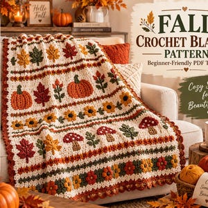 May include: A crochet blanket pattern featuring autumn motifs including orange pumpkins, red and yellow maple leaves, sunflowers, and red-and-white mushrooms on a cream background. The text reads FALL CROCHET BLANKET PATTERN, Beginner-Friendly PDF Tutorial, and Cozy Stitches for a Beautiful Fall.