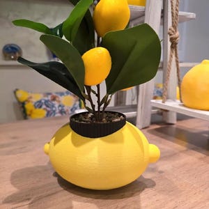 Può includere: Un vaso decorativo a forma di limone giallo brillante, con una piccola pianta con foglie verdi e limoni gialli. Il vaso ha un bordo nero e si trova su una superficie di legno. Il tema è un arredamento allegro ed estivo.