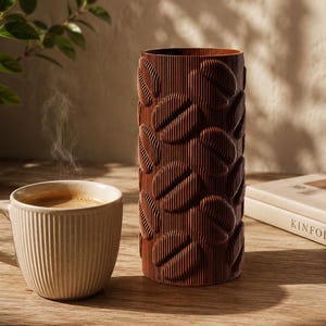 Peut inclure: Un vase cylindrique marron avec un motif de grains de café est posé à côté d'une tasse beige remplie de café. De la vapeur s'élève du café. Une plante en pot et un livre sont également sur la surface en bois.