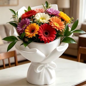 Op de afbeelding: Een boeket van veelkleurige gerbera's met rode, oranje, gele, witte en paarse bloemblaadjes en donkere harten. De bloemen staan in een witte keramische vaas in de vorm van een ingepakt boeket met een decoratieve strik aan de onderkant.