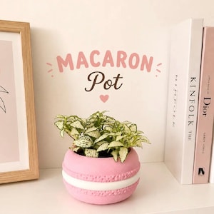 Peut inclure: Un pot de fleurs rond, rose et blanc, en forme de macaron, contenant une petite plante panachée verte et blanche. Au-dessus du pot, le texte MACARON Pot est affiché en rose et marron foncé, accompagné d'une petite icône de cœur rose.