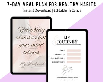 Weight Loss Journal Printable | 7-Day Meal Plan, Fitness Tracker (Digital Download)