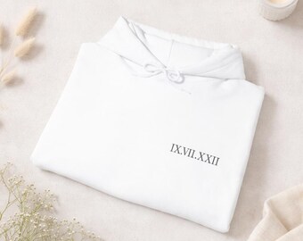 Roman Numerals XVII·XXII Hoodie | Minimal Chest Script, Sleeve Heart Accent
