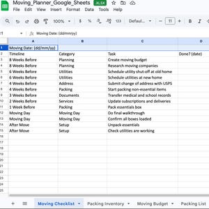 May include: A Google Sheets spreadsheet titled "Moving Planner" displays a moving checklist. The checklist includes columns for moving date, timeline, category, and task. The spreadsheet is organized with rows detailing tasks like creating a budget and packing essentials.