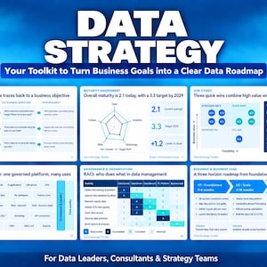 May include: A blue infographic titled Data Strategy: Your Toolkit to Turn Business Goals into a Clear Data Roadmap. It features six sections: Vision & Ambition, Maturity Assessment, Use Cases, Data & Architecture, Governance & Organization, and Roadmap.