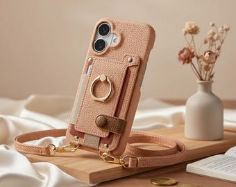 Leather Wallet Phone Case with Shoulder Strap for iPhone Models, Card Lanyard Cover