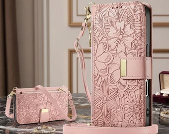 Embossed Leather Zipper Wallet Case with Crossbody Strap for iPhone Models