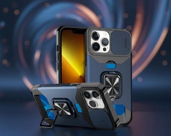 Heavy Duty iPhone Case with Camera Cover, Card Clip, Ring Stand (Pro Max)