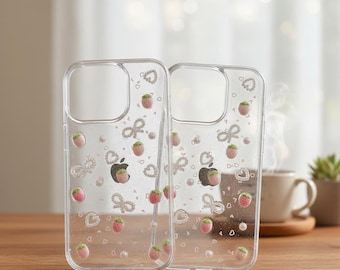 3D Strawberry Glitter iPhone Case with Bowknot Pearls – Protective Shockproof Cover