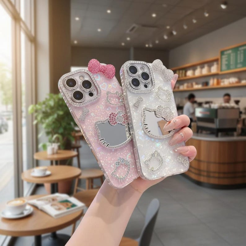 Puede incluir: Dos fundas de tel&eacute;fono brillantes, una rosa y otra blanca, cada una adornada con un dise&ntilde;o de Hello Kitty. Las fundas tienen un lazo y est&aacute;n adornadas con pedrer&iacute;a. La funda rosa tiene una cara de Hello Kitty con espejo.