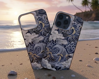 Japanese Waves Electroplate Silver IMD iPhone Case Shockproof Hard Cover Luxury Design