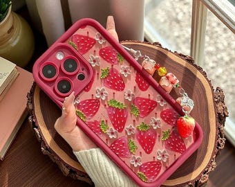 Strawberry Flower Painting iPhone Case with Pendant Chain – Silicone Cover
