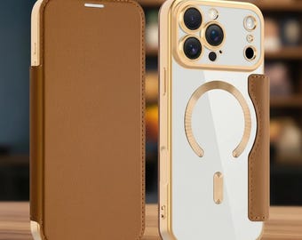 Funda tipo cartera para iPhone 15-17 Pro Max: Funda magnética de cuero transparente con tapa