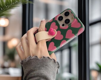 Pink Hearts iPhone Case with Ring Strap, Korean Chic 3D Love Cover