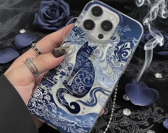 Blue Totem Cat Phone Case for iPhone, Retro European Cupid Angel Aurora Laser Design