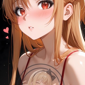 Könnte beinhalten: Anime-Illustration einer Frau mit langen, hellbraunen Haaren und roten Augen. Sie hat errötete Wangen und trägt ein rot-weißes Outfit. Das Bild enthält den Text "Ecchi-Town".