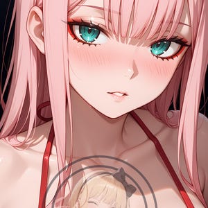 Puede incluir: Ilustración de estilo anime de una mujer con cabello rosado y ojos turquesa, usando un top de bikini rojo y blanco. Se ve un logotipo circular con un personaje de dibujos animados y el texto "Ecchi-Town".