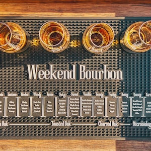 May include: A black rubber bar mat with the text "Weekend Bourbon" and four shot glasses filled with amber liquid. Below the text are flavor profiles such as "Fresh Oak", "Toasted Oak", and "Charred Oak".