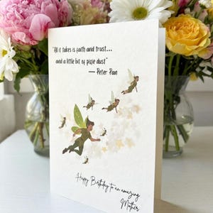 Handmade Peter Pan Birthday Card for Mom | Faith Trust Pixie Dust, Tinker Bell Illustration