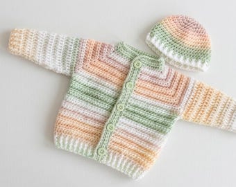 Patrón de ganchillo en PDF: Chaqueta para recién nacido tejida de arriba hacia abajo, cárdigan para bebé de grosor DK, con botones delanteros. Descarga instantánea.