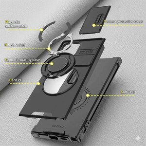 May include: Black phone case with a magnetic suction patch, ring bracket, and rotating base. The case includes a camera protective cover and is made of hard PC and soft TPU materials. The text "DISCOVER INNOVATION" is visible on the case.