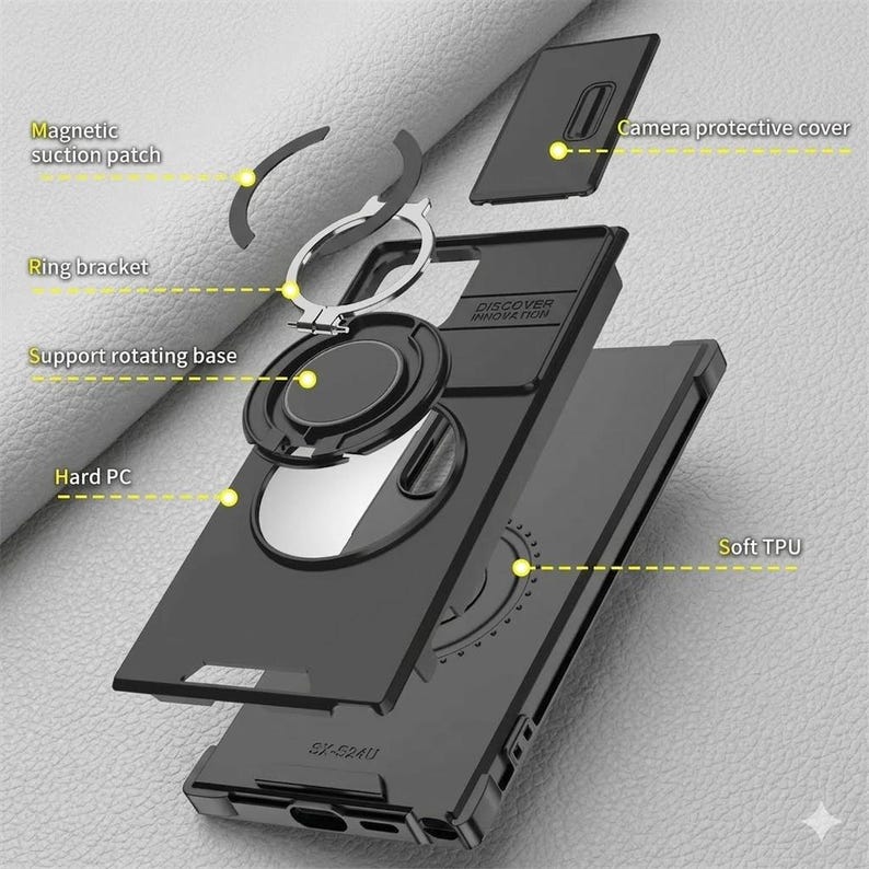 May include: Black phone case with a magnetic suction patch, ring bracket, and rotating base. The case includes a camera protective cover and is made of hard PC and soft TPU materials. The text "DISCOVER INNOVATION" is visible on the case.