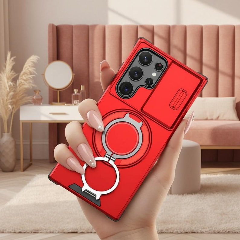 Slide Camera Protection Magnetic Stand Phone Case for Samsung Red