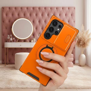 Slide Camera Protection Magnetic Stand Phone Case for Samsung Orange