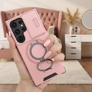 Slide Camera Protection Magnetic Stand Phone Case for Samsung Pink