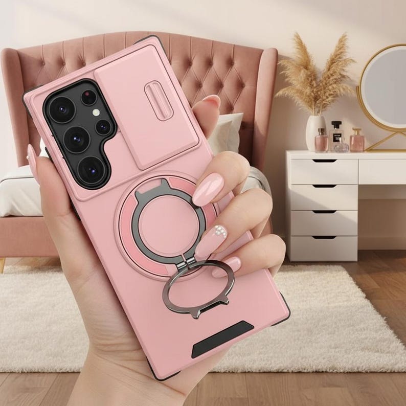 Slide Camera Protection Magnetic Stand Phone Case for Samsung Pink