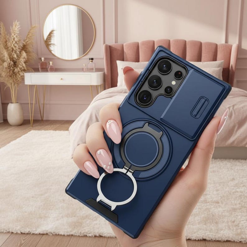Slide Camera Protection Magnetic Stand Phone Case for Samsung Navy Blue