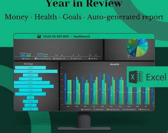 Jahresrückblick PDF Vorlage: Jährlicher Life Tracker, Einkommen Gesundheit Ziele, Jahresplaner Tabelle